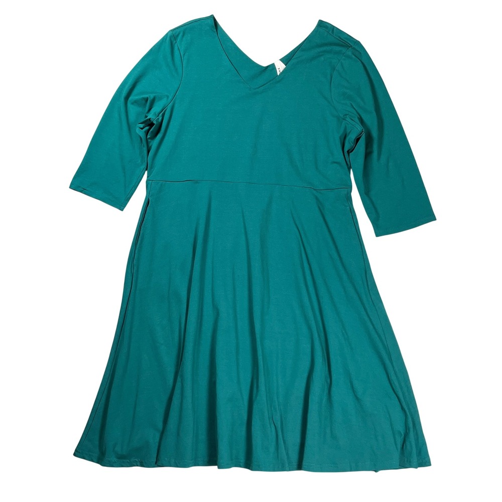 Pact Fit and Flare Dress Women XXL Teal Green Organic Cotton 3/4 Sleeve V-Neck - Picture 1 of 8